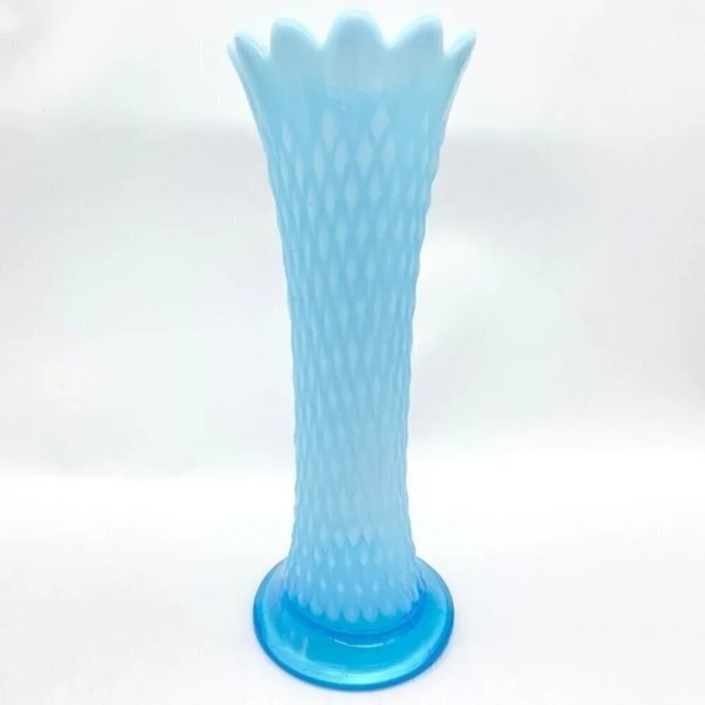 Northwood Blue Opalescent Swung Glass Diamond Point Vase